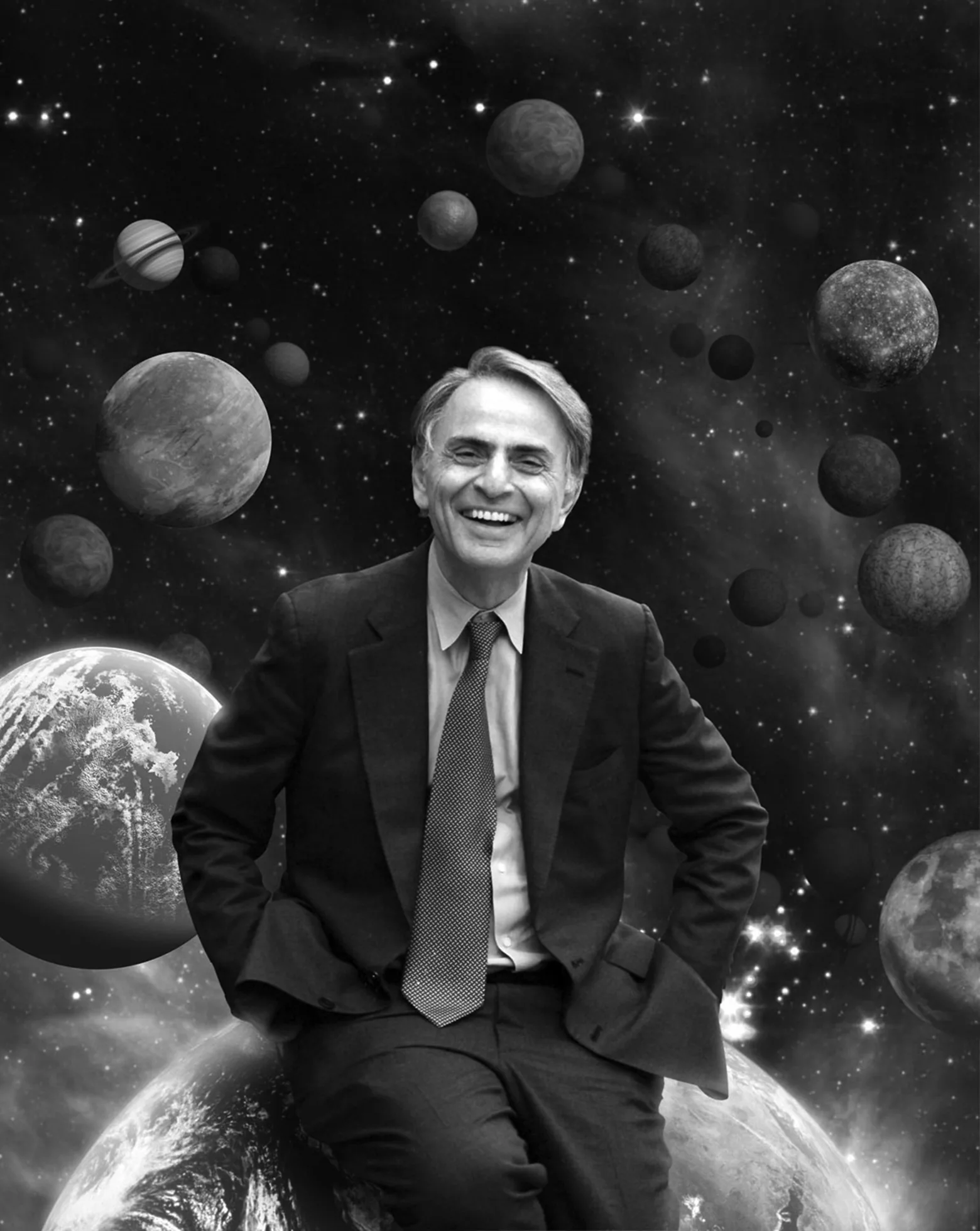 Carl Sagan smiles widely as he sits on Earth with the other planets and stars of the solar system in the background.