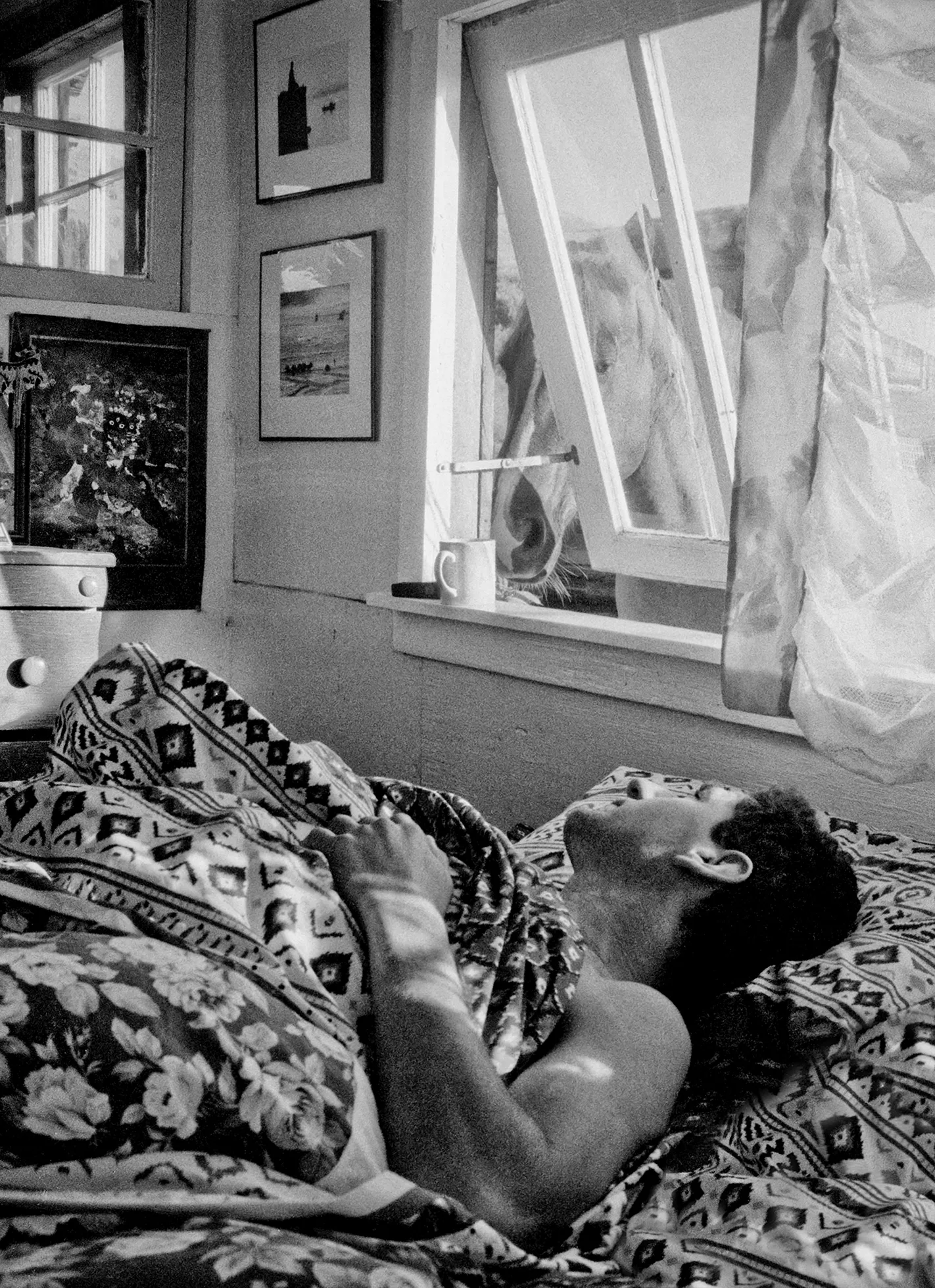 A man lies in bed under the covers and turns his head to look at the light-colored horse keeping watch with its nose slightly inside the side gap of the opened, large awning window with a coffee cup on the windowsill, in Point Reyes, California.