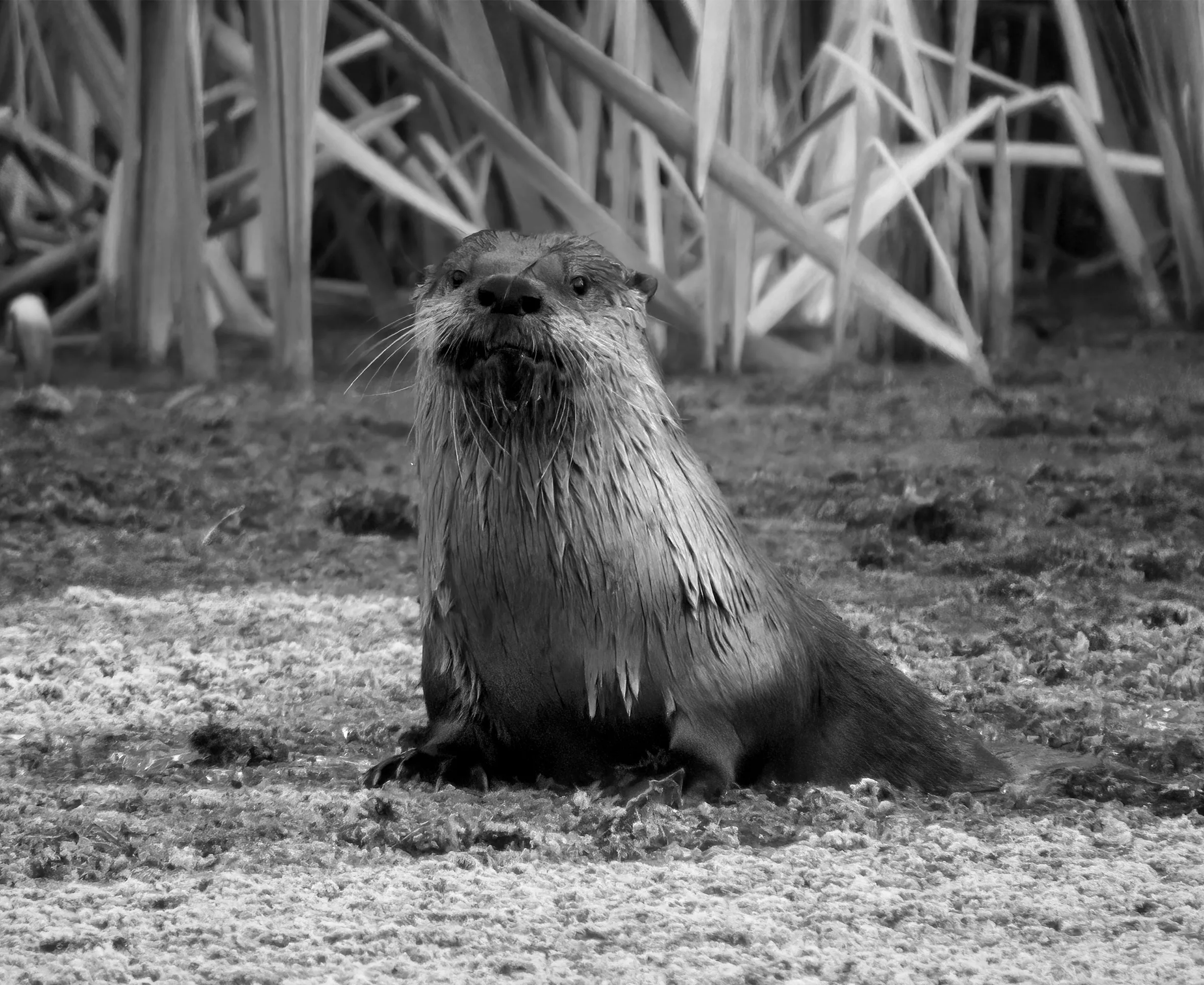 A North American river otter sits and looks into the camera.