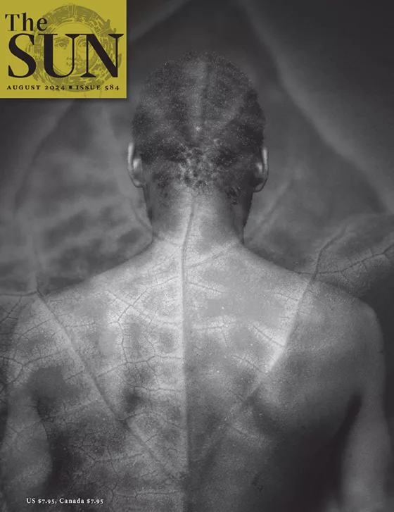 Issue 584 Cover August 2024 cover of The Sun. The head and nude back and arms of a man is seen from behind with a leaf’s structure and veins superimposed upon his body. The leaf’s midrib is centered on the man’s spine traveling up past his head to the leaf’s tip.