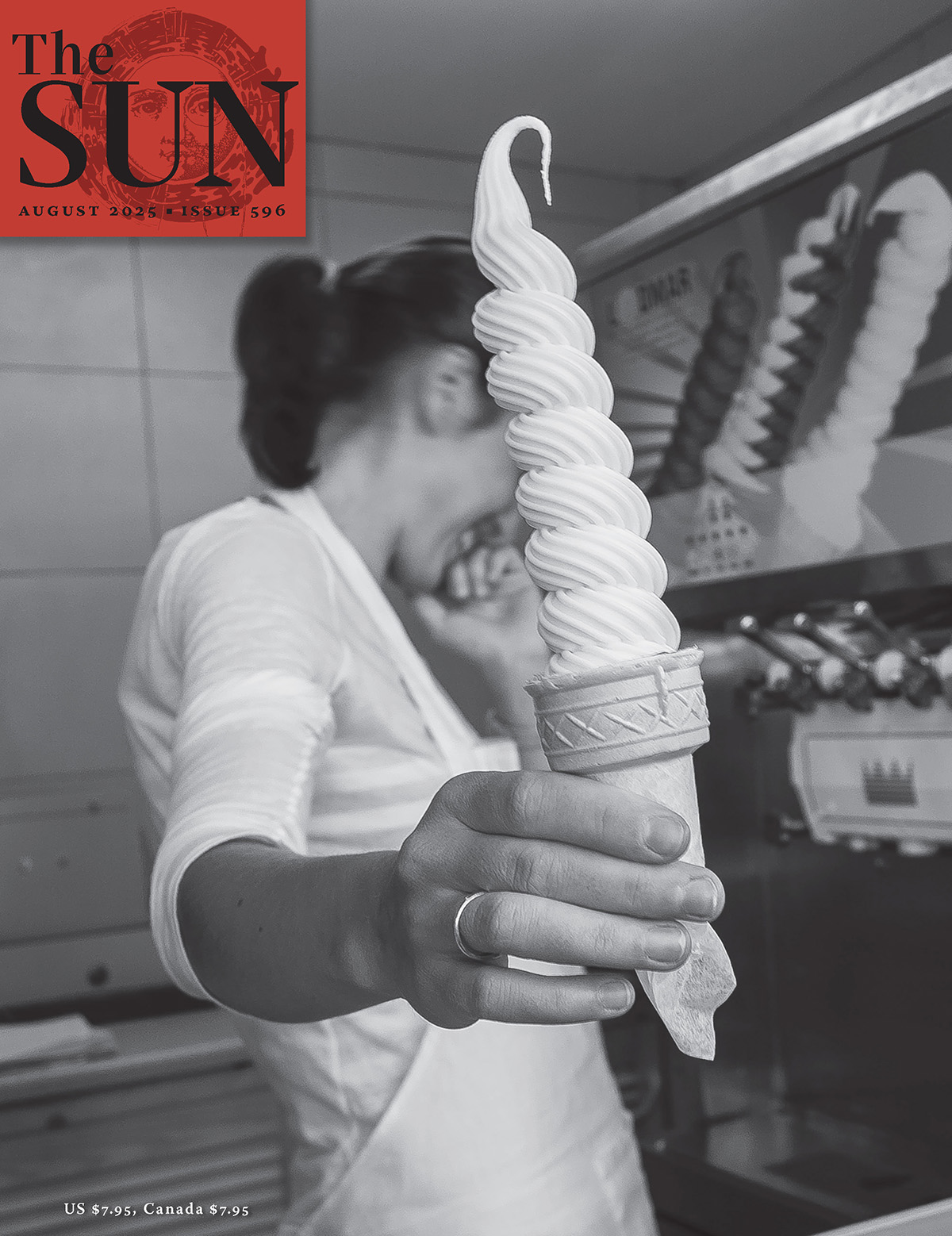 The Sun magazine August 2025 cover showing a hand holding a twisted soft-serve ice-cream cone in black and white. Photo by Cindy Murray.