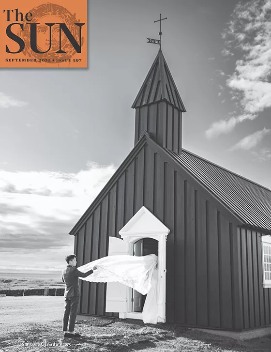 The Sun Magazine September 2025 Cover The Sun magazine September 2025 cover showing a person holding the end of a bride's veil as she walks into a church