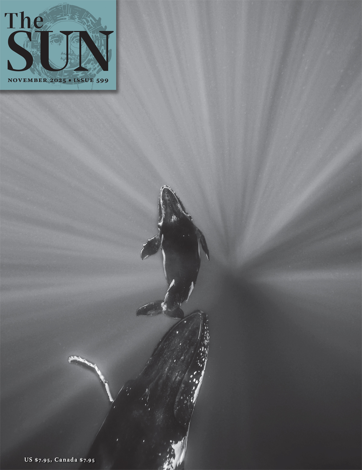 The Sun magazine November 2025 cover features a humpback whale and calf swimming into a ray of light
