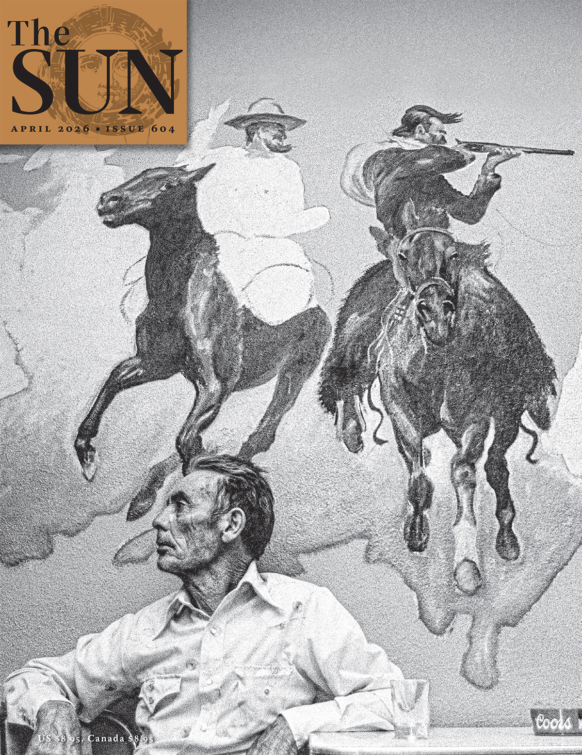 The Sun Magazine April 2026 cover showing a man seated under a cowboy mural at a bar. Photo by Neil Jacobs.