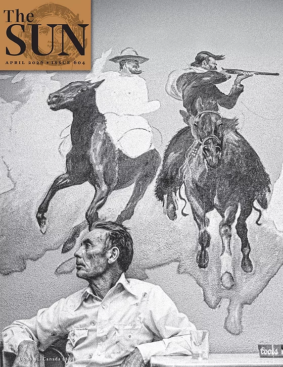 The Sun Magazine April 2026 cover showing a man seated under a cowboy mural at a bar. Photo by Neil Jacobs.