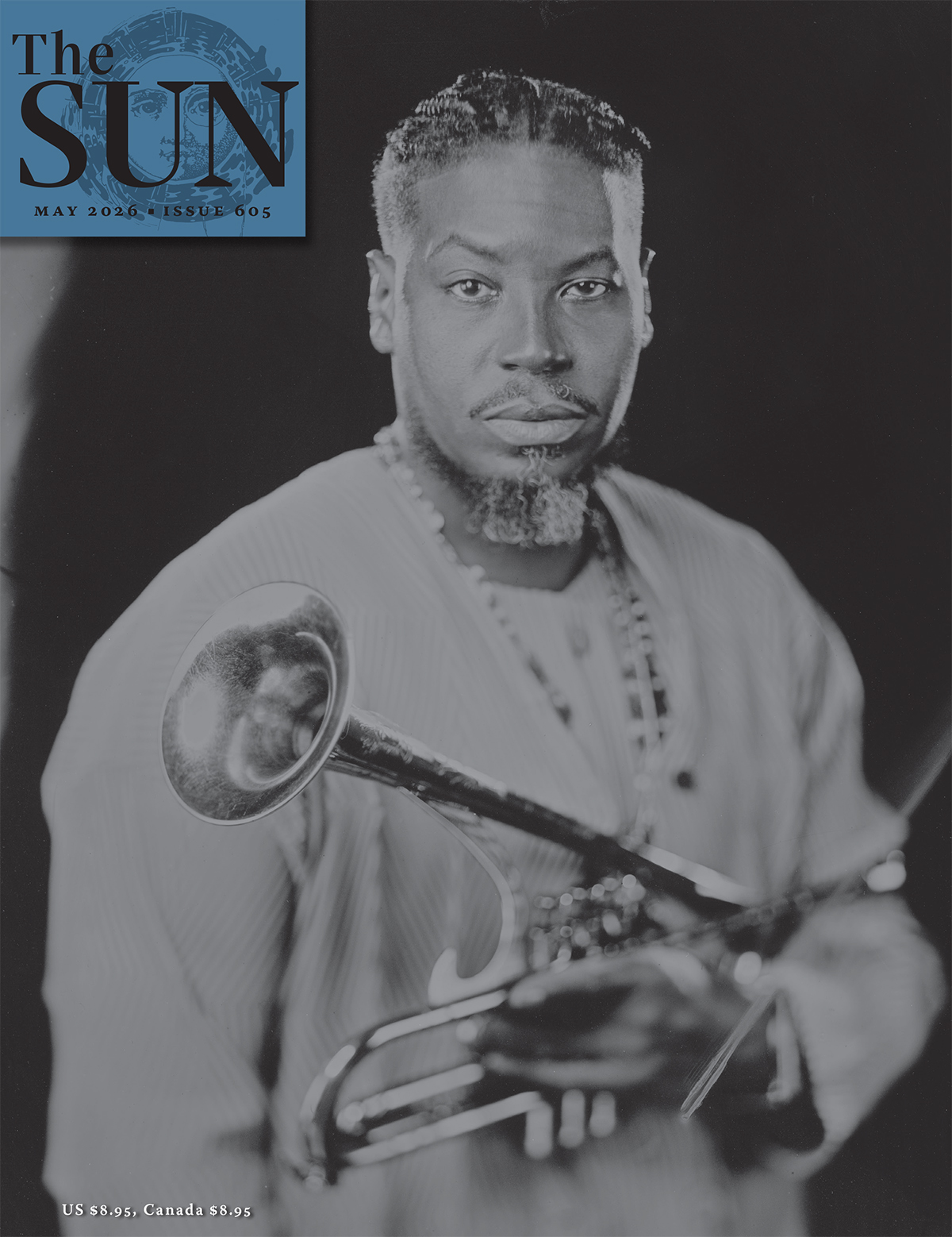 The Sun Magazine May 2026 cover showing a tintype of Chief Adjuah holding a custom brass horn