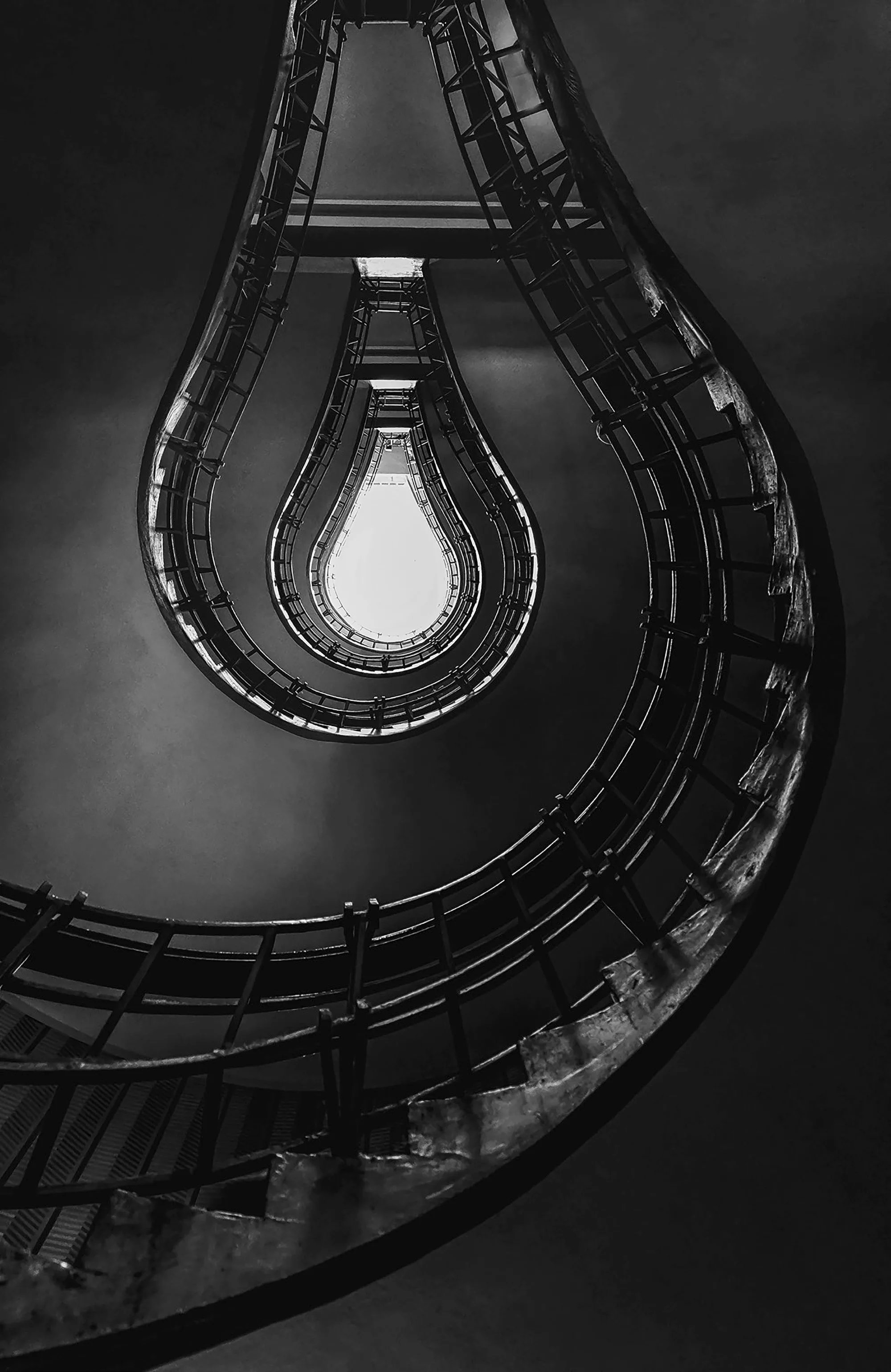 An aerial view of a descending staircase