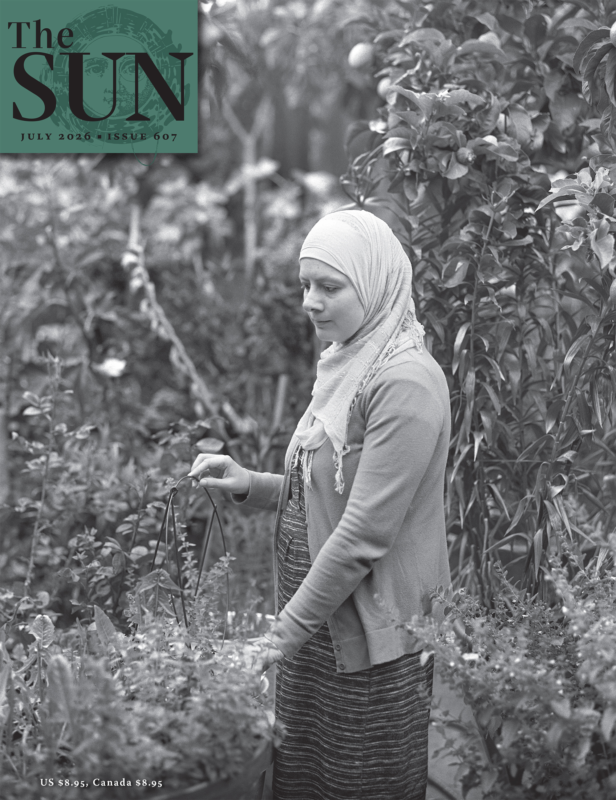 The Sun magazine July 2026 cover showing a portrait of Suzy Abu-Nie, a member of the Bay Area’s Palestinian community.