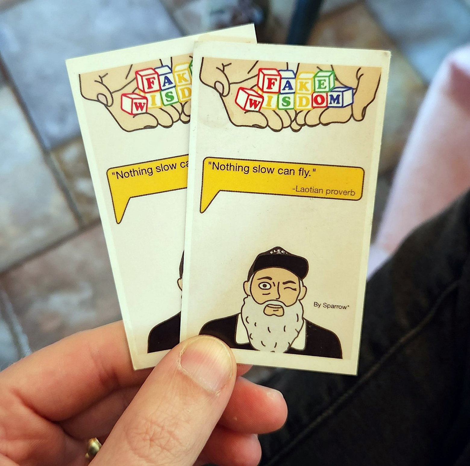 A hand holds two identical cards with FAKE WISDOM spelled out in alphabet blocks at the top. A callout bubble reads Nothing slow can fly. Laotian proverb. At the bottom a cartoon character with one eye closed and a beard has By Sparrow next to it.