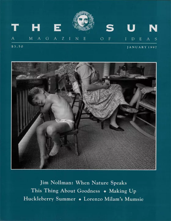 January 1997 cover of The Sun. A candid photo of a young boy sitting and daydreaming on a porch in the foreground and three women relaxed and sitting close together on the porch in the background.
