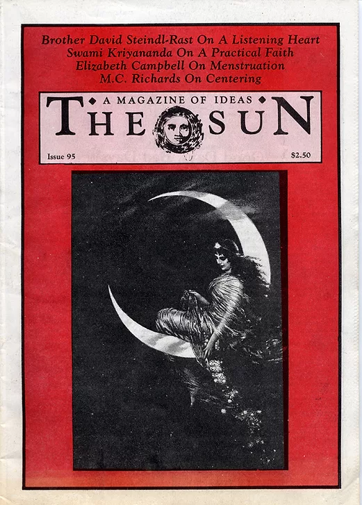October 1983 cover of The Sun. An image of a woman in drapey garb sitting in a crescent moon.
